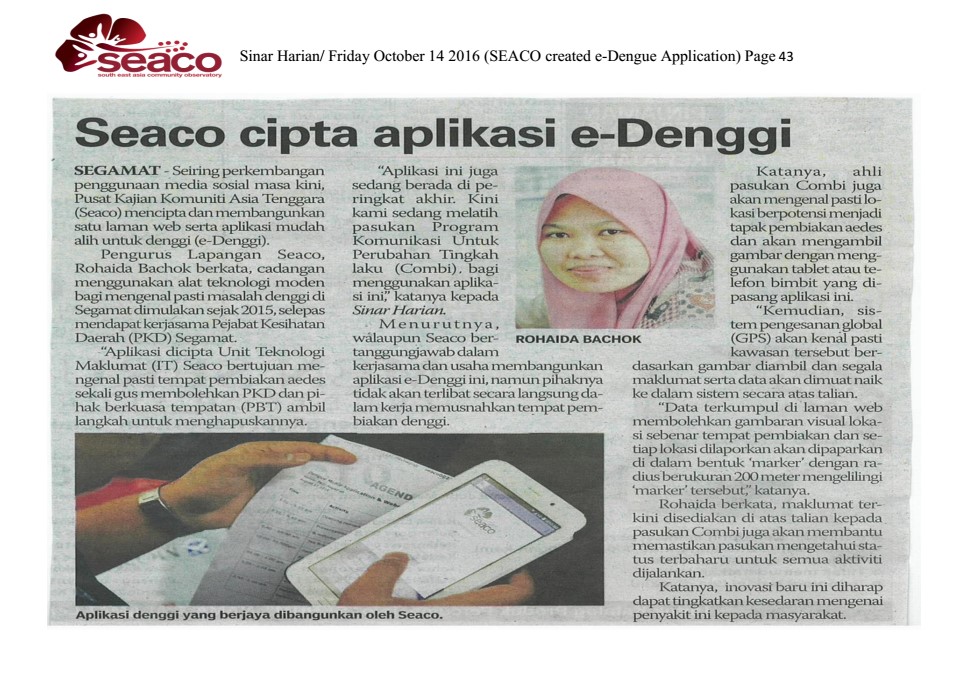 SEACO in Sinar Harian &ndash;14th October, 2016