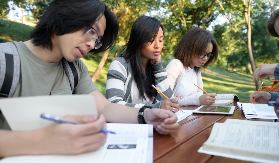 Students demonstrating different learning styles while studying together outdoors
