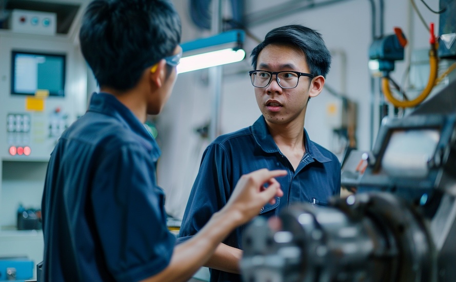 Two mechanical engineering students discussing a project in a lab